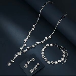 NEW Y-Shape Necklace & Bracelet & Dangle Earrings Set Inlaid Rhinestones
